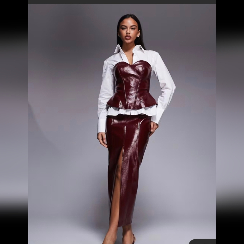 ASOS Strapless Burgundy Dress 2 Piece Set Tube Peplum & Maxi Skirt